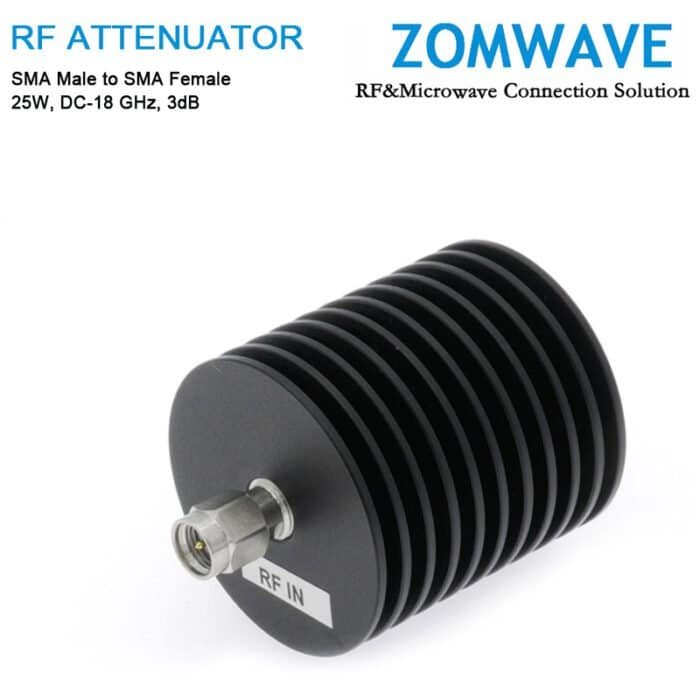 3dB Fixed Attenuator, SMA Male to SMA Female, 25Watts, DC-18 GHz, VSWR