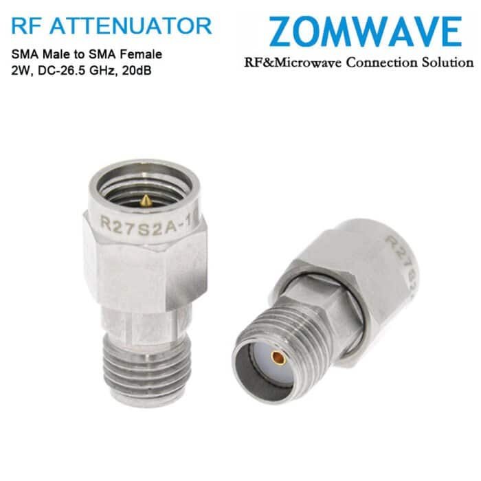 20dB Fixed Attenuator, SMA Male to SMA Female, 2Watts, DC-26.5GHz, VSWR