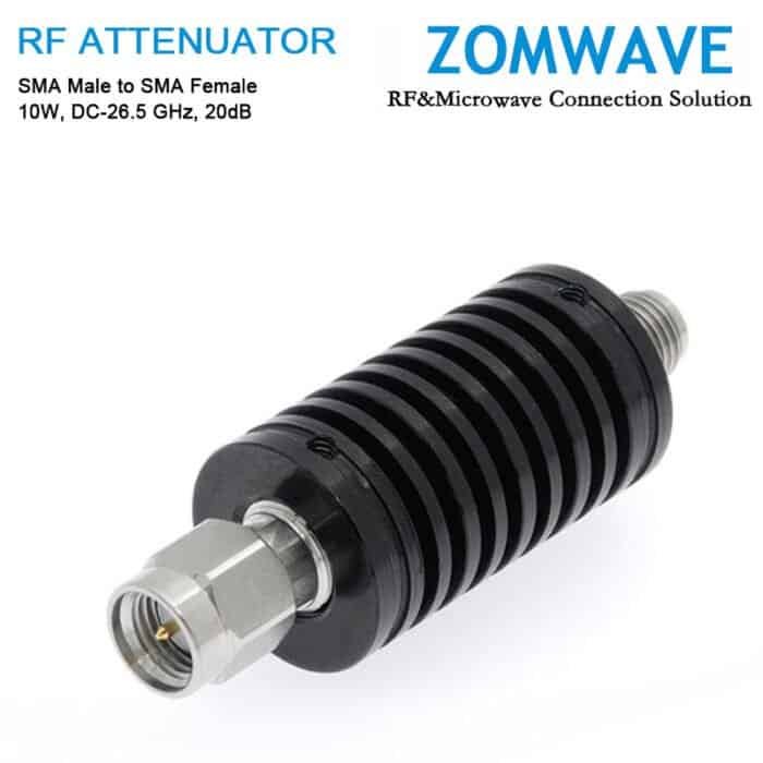 20dB Fixed Attenuator, SMA Male to SMA Female, 10Watts, DC-26.5GHz, VSWR