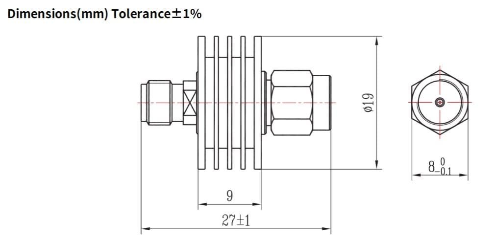 10dB Fixed Attenuator, SMA Male to SMA Female, 5Watts, DC-26.5GHz, VSWR