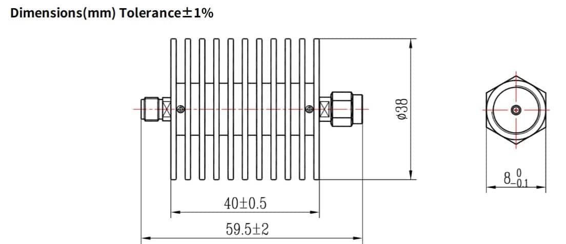 10dB Fixed Attenuator, SMA Male to SMA Female, 20Watts, DC-18 GHz, VSWR
