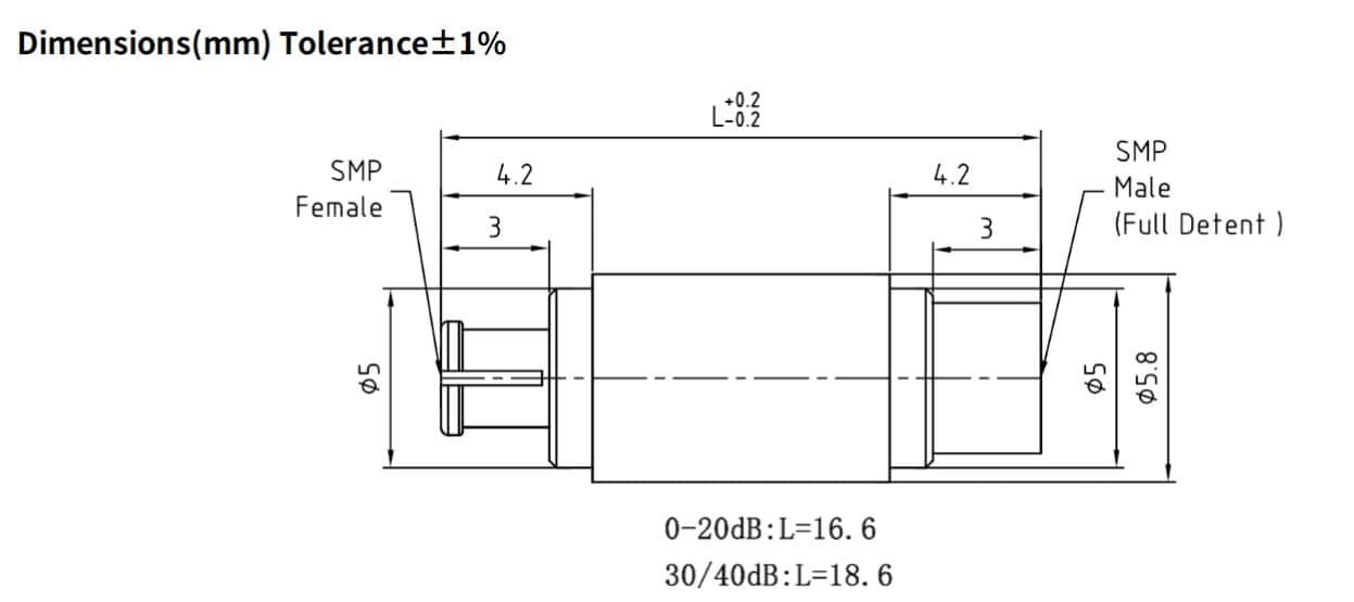 20dB Fixed Attenuator, SMP(GPO) Male to SMP(GPO) Female ,2Watts, DC-40 GHz, VSWR