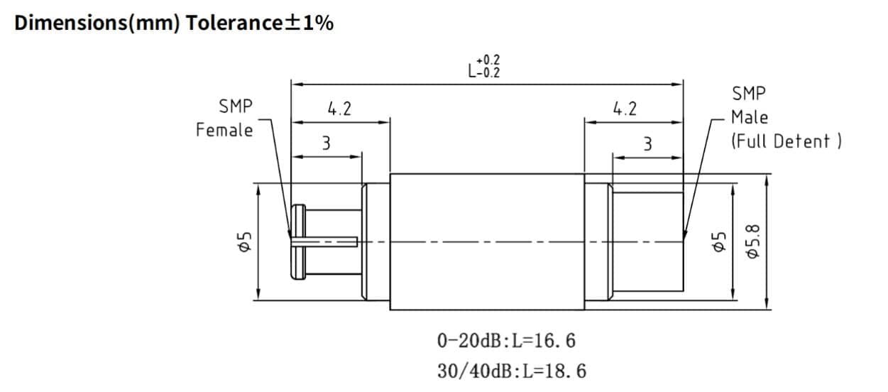 20dB Fixed Attenuator, SMP(GPO) Male to SMP(GPO) Female ,2Watts, DC-18 GHz, VSWR