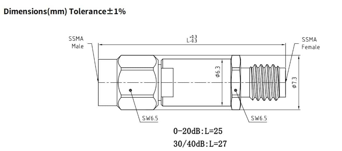 20dB Fixed Attenuator, SSMA Male to SSMA Female, 2Watts, DC-40 GHz, VSWR