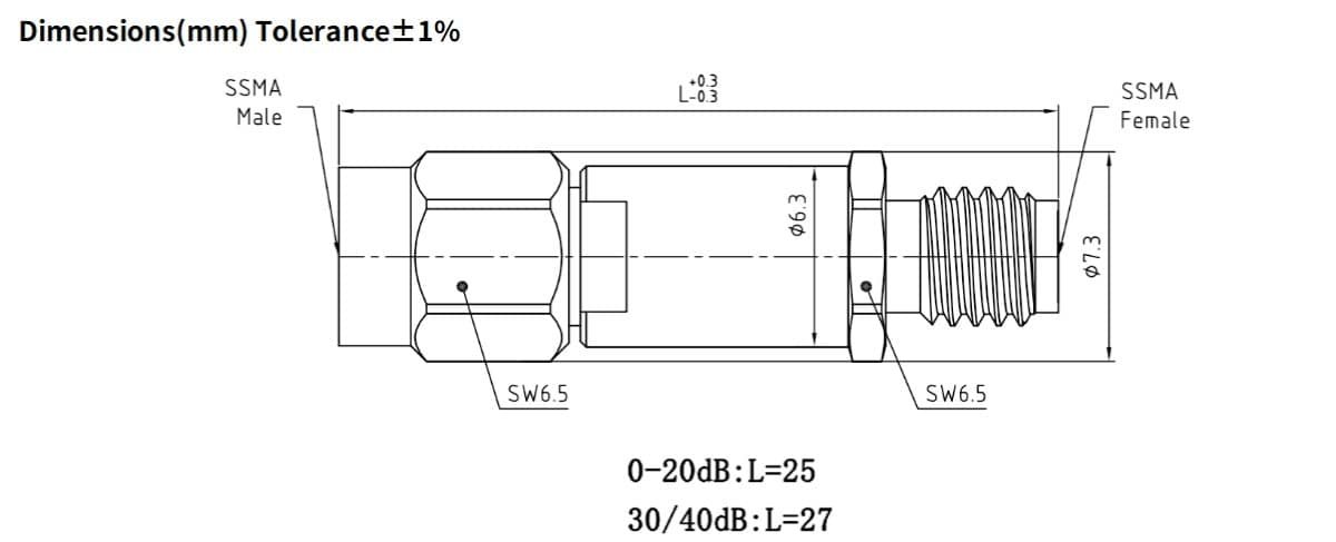 20dB Fixed Attenuator, SSMA Male to SSMA Female, 2Watts, DC-18 GHz, VSWR