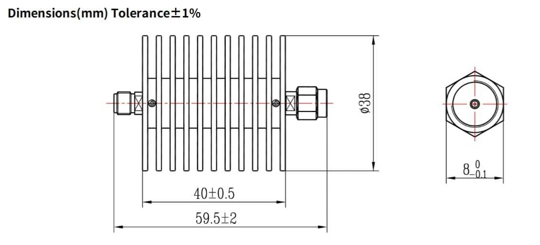 20dB Fixed Attenuator, SMA Male to SMA Female, 20Watts, DC-26.5GHz, VSWR