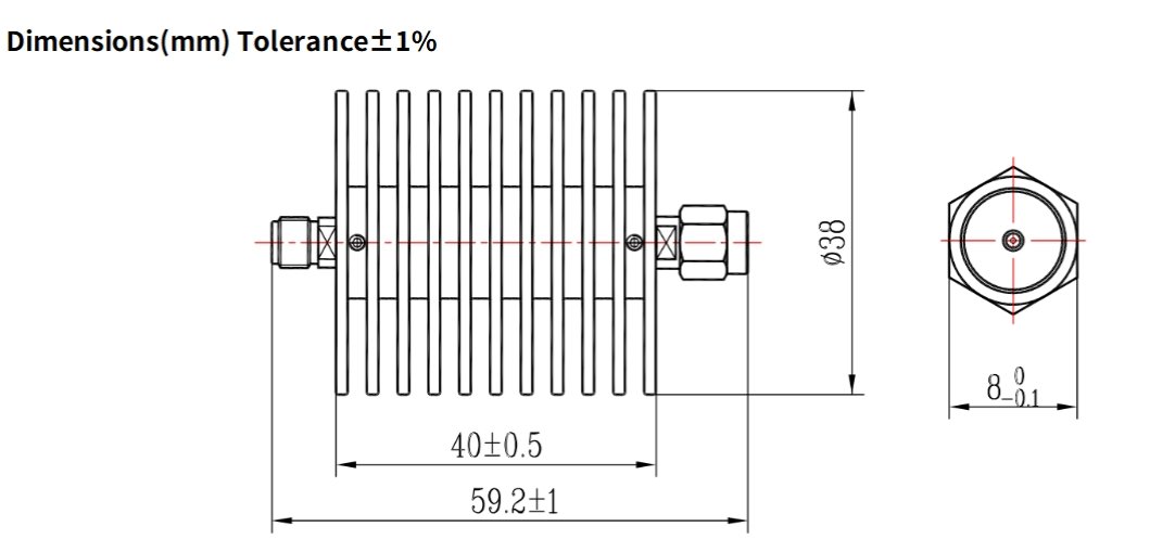 30dB Fixed Attenuator, SMA Male to SMA Female, 30Watts, DC-18 GHz, VSWR