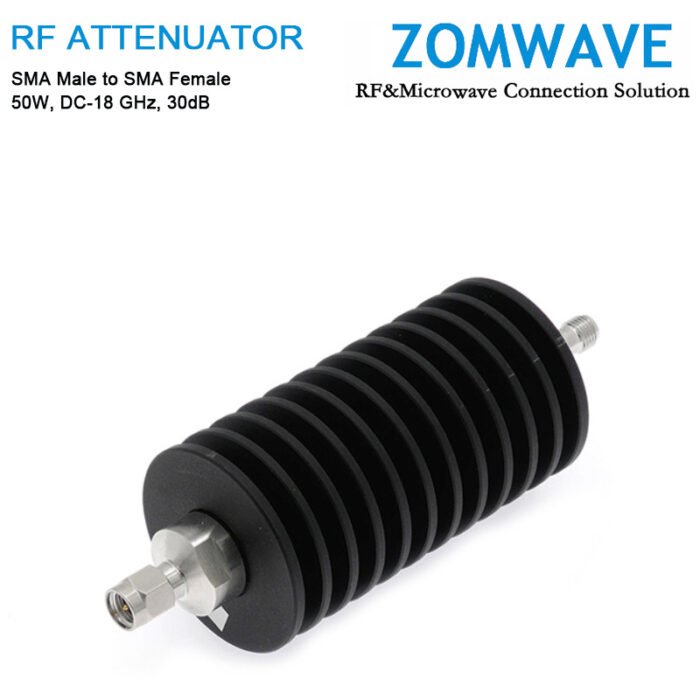 30dB Fixed Attenuator, SMA Male to SMA Female, 50Watts, DC-18 GHz, VSWR