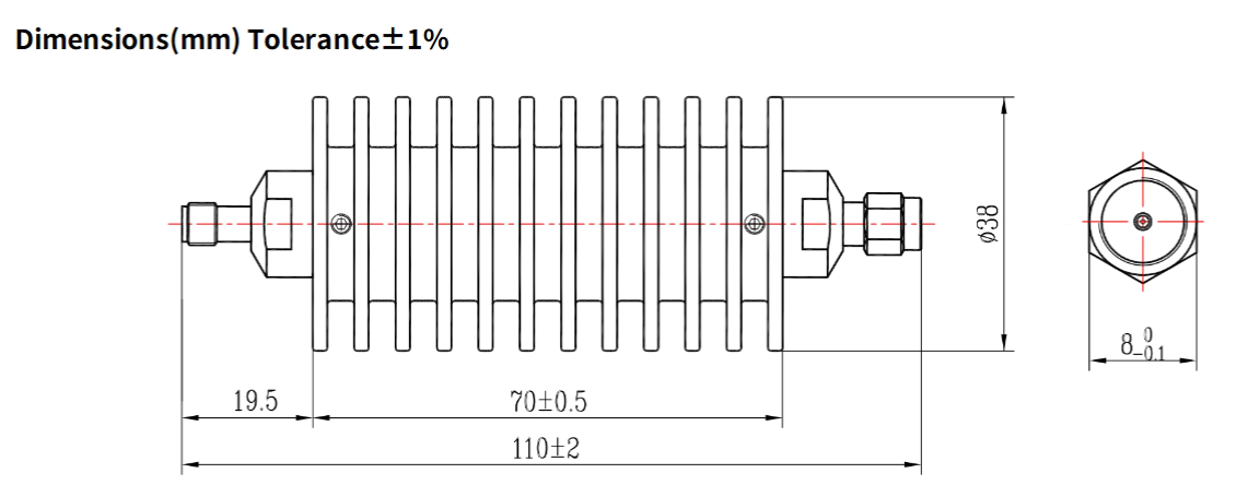 30dB Fixed Attenuator, SMA Male to SMA Female, 50Watts, DC-18 GHz, VSWR