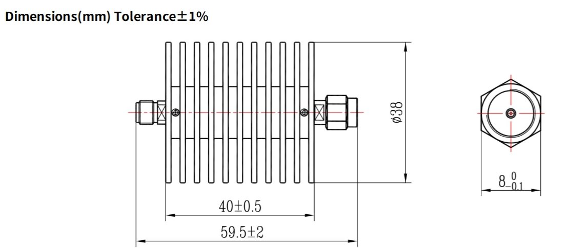 30dB Fixed Attenuator, SMA Male to SMA Female, 25Watts, DC-18 GHz, VSWR