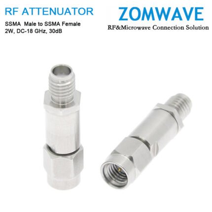 30dB Fixed Attenuator, SSMA Male to SSMA Female, 2Watts, DC-18 GHz, VSWR
