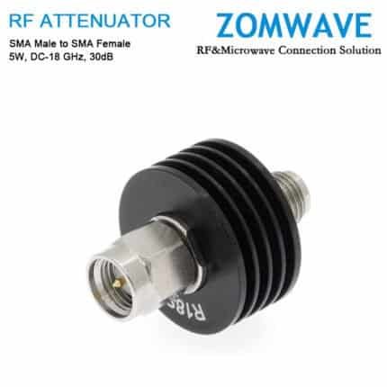 30dB Fixed Attenuator, SMA Male to SMA Female, 5Watts, DC-18 GHz, VSWR
