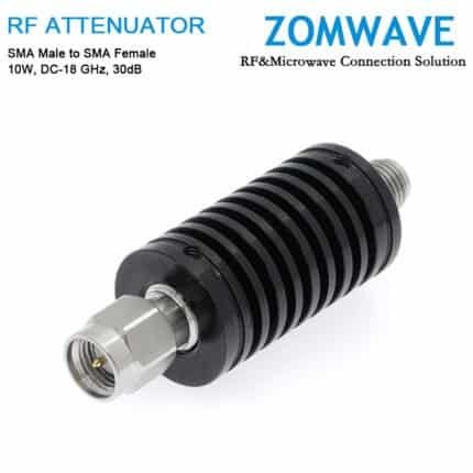 30dB Fixed Attenuator, SMA Male to SMA Female, 10Watts, DC-18 GHz, VSWR