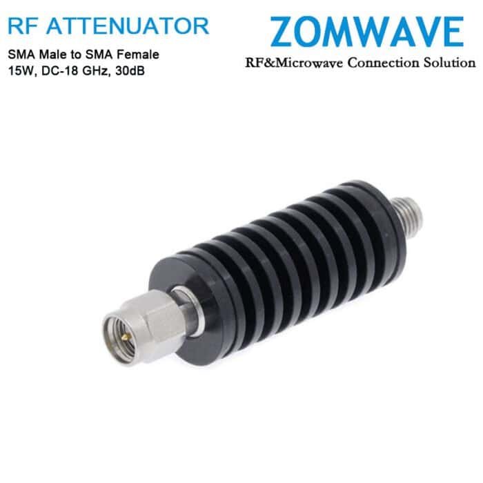 30dB Fixed Attenuator, SMA Male to SMA Female, 15Watts, DC-18 GHz, VSWR