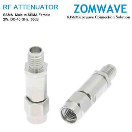 30dB Fixed Attenuator, SSMA Male to SSMA Female, 2Watts, DC-40 GHz, VSWR