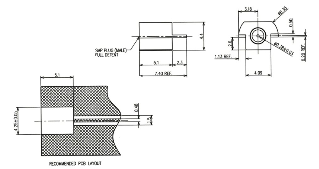 SMP(GPO) Male PCB End Launch Connector (Full detent),.015 inch Pin Diameter, 30G