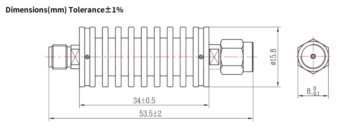 20dB Fixed Attenuator, SMA Male to SMA Female, 15Watts, DC-18 GHz, VSWR