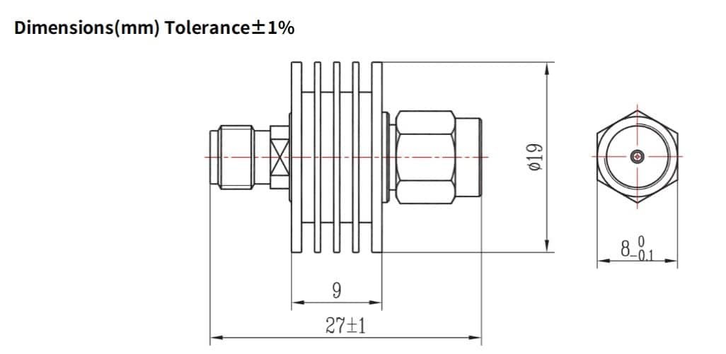 30dB Fixed Attenuator, SMA Male to SMA Female, 5Watts, DC-18 GHz, VSWR