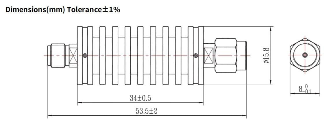 30dB Fixed Attenuator, SMA Male to SMA Female, 15Watts, DC-18 GHz, VSWR