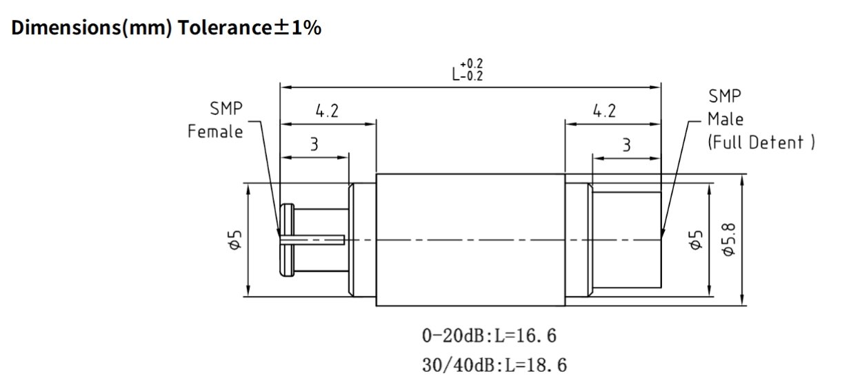40dB Fixed Attenuator, SMP(GPO) Male to SMP(GPO) Female ,2Watts, DC-40 GHz, VSWR