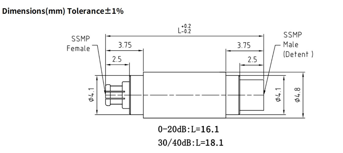 40dB Fixed Attenuator, SSMP(GPPO/SMPM) Male to SSMP(GPPO/SMPM) Female ,2Watts, DC-40 GHz, VSWR