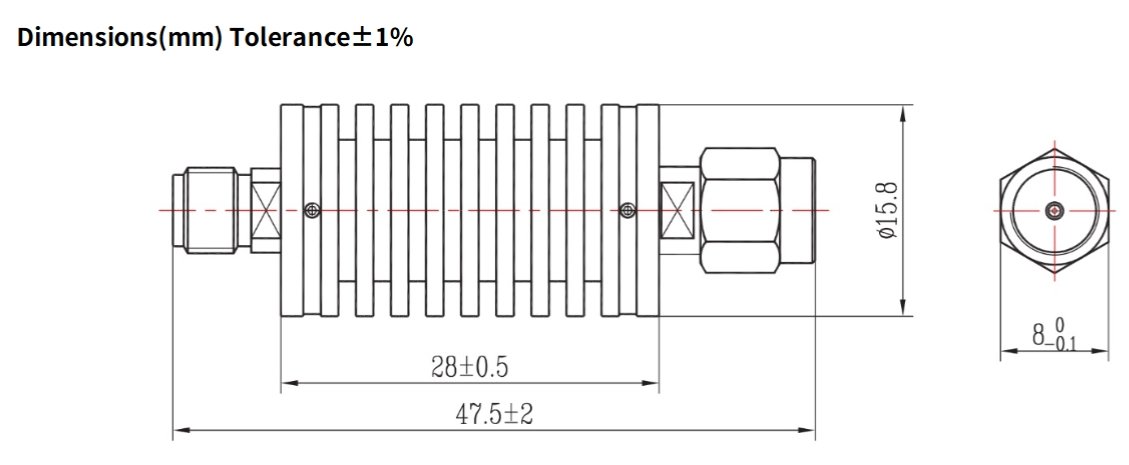 20dB Fixed Attenuator, SMA Male to SMA Female, 10Watts, DC-18 GHz, VSWR