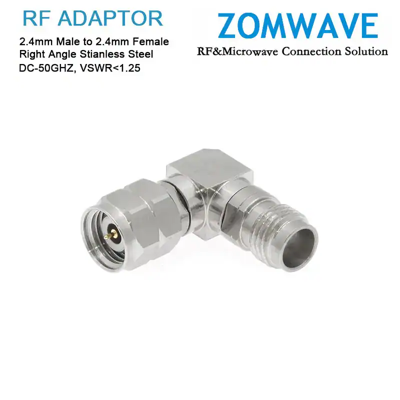 2.4mm Male to 2.4mm Female Right Angle Adapter, Stainless Steel, 50GHz 2.4mm Male to 2.4mm Female Right Angle Adapter, Stainless Steel, 50GHz