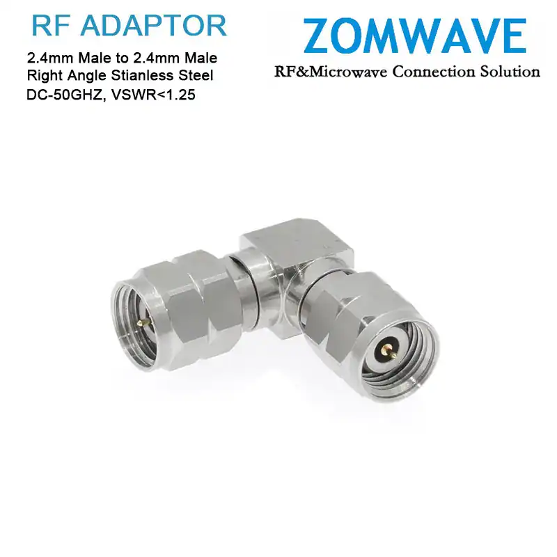 2.4mm Male to 2.4mm Male Right Angle Adapter, Stainless Steel, 50GHz 2.4mm Male to 2.4mm Male Right Angle Adapter, Stainless Steel, 50GHz