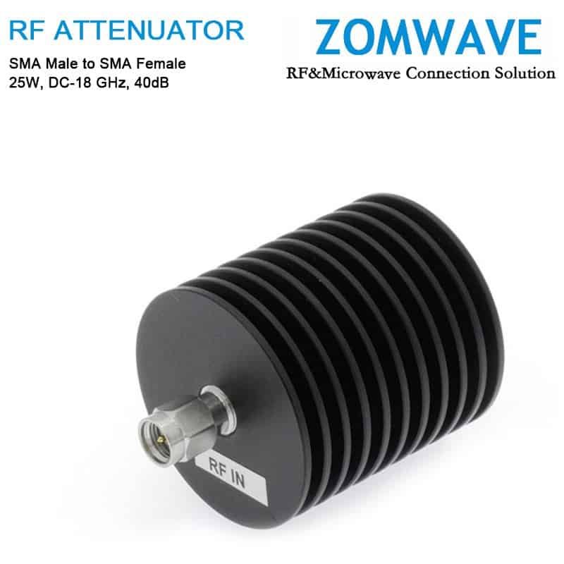 40dB Fixed Attenuator, SMA Male to SMA Female, 25Watts, DC-18 GHz, VSWR<1.35 40dB Fixed Attenuator, SMA Male to SMA Female, 25Watts, DC-18 GHz, VSWR