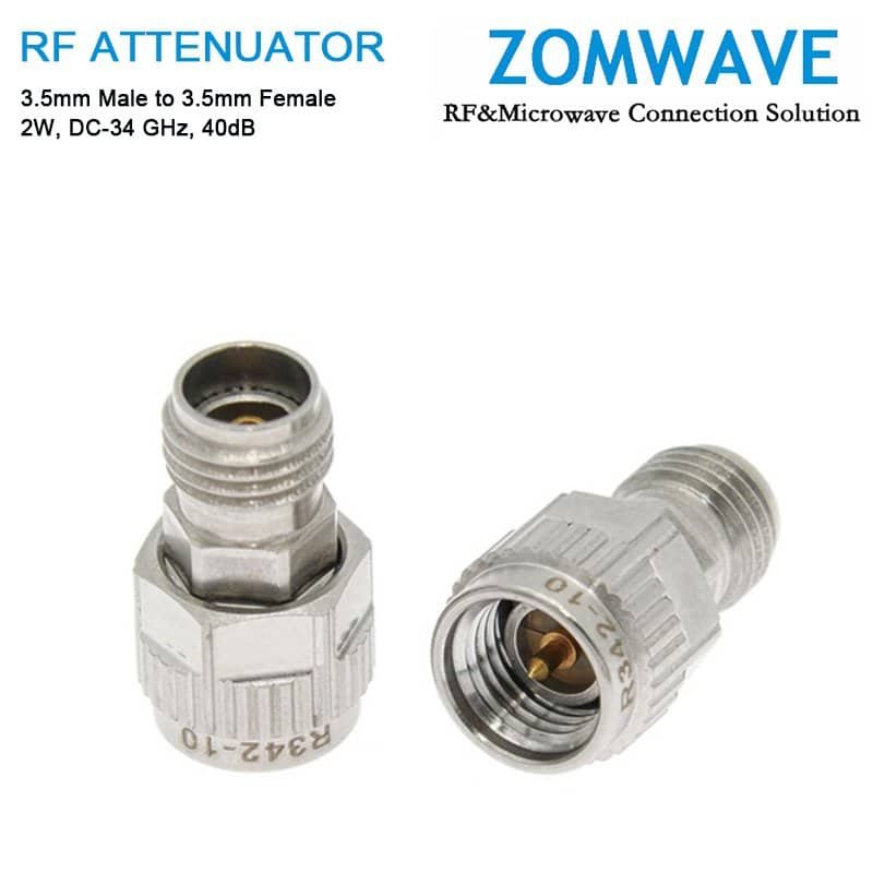 40dB Fixed Attenuator, 3.5mm Male to 3.5mm Female, 2Watts, DC-34GHz, VSWR<1.2 40dB Fixed Attenuator, 3.5mm Male to 3.5mm Female, 2Watts, DC-34GHz, VSWR