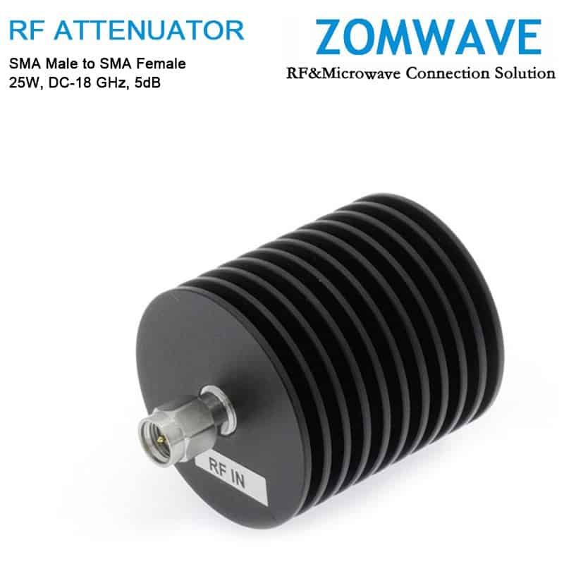 5dB Fixed Attenuator, SMA Male to SMA Female, 25Watts, DC-18 GHz, VSWR<1.35 5dB Fixed Attenuator, SMA Male to SMA Female, 25Watts, DC-18 GHz, VSWR