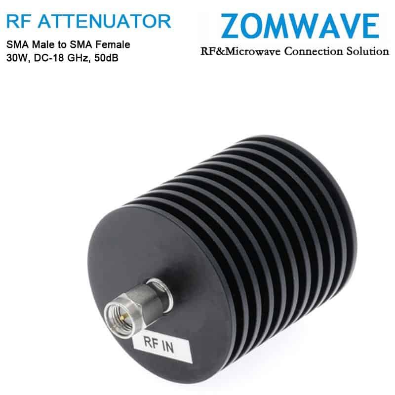 50dB Fixed Attenuator, SMA Male to SMA Female, 30Watts, DC-18 GHz, VSWR<1.35 50dB Fixed Attenuator, SMA Male to SMA Female, 30Watts, DC-18 GHz, VSWR