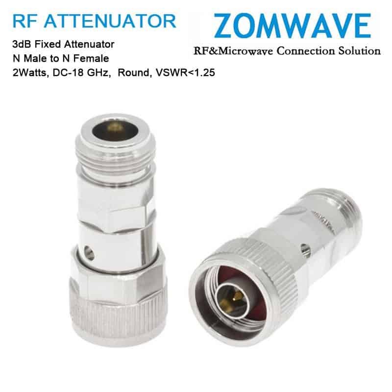 3dB Fixed Attenuator, N Male to N Female, 2Watts, DC-18 GHz, Round, VSWR<1.25 3dB Fixed Attenuator, N Male to N Female, 2Watts, DC-18 GHz, Round, VSWR