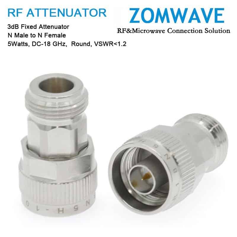 3dB Fixed Attenuator, N Male to N Female, 5Watts, DC-18 GHz, Round, VSWR<1.2 3dB Fixed Attenuator, N Male to N Female, 5Watts, DC-18 GHz, Round, VSWR
