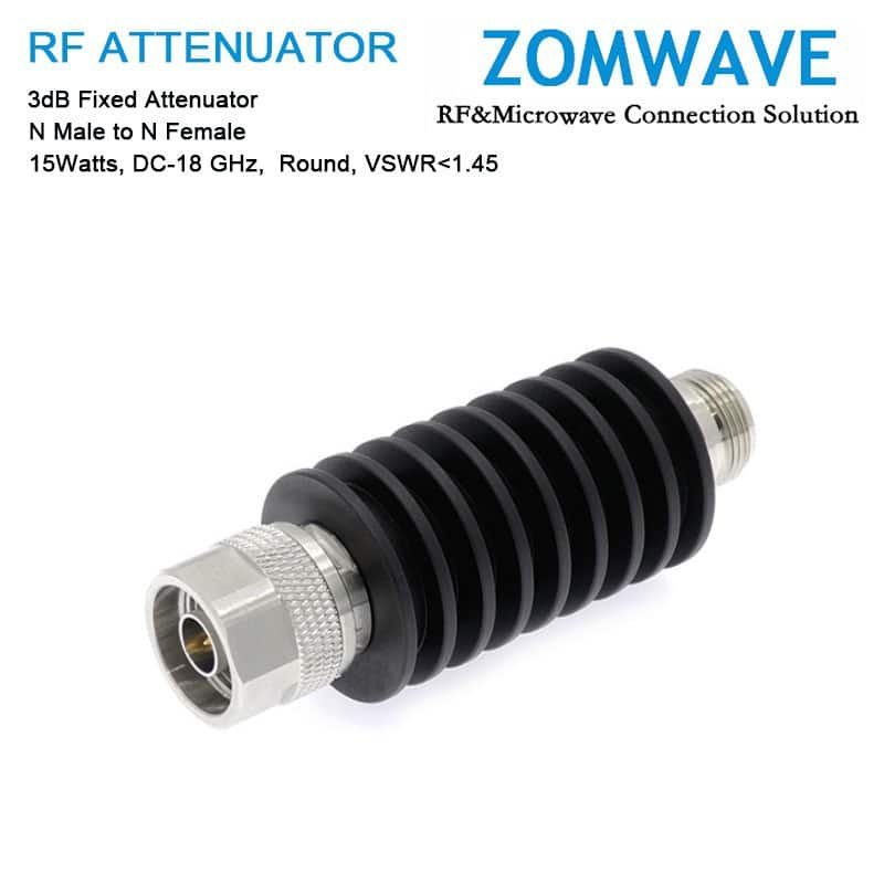3dB Fixed Attenuator, N Male to N Female, 15Watts, DC-18 GHz, Round, VSWR<1.45 3dB Fixed Attenuator, N Male to N Female, 15Watts, DC-18 GHz, Round, VSWR
