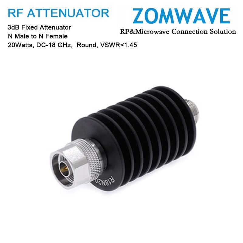 3dB Fixed Attenuator, N Male to N Female, 20Watts, DC-18 GHz, Round, VSWR<1.45 3dB Fixed Attenuator, N Male to N Female, 20Watts, DC-18 GHz, Round, VSWR