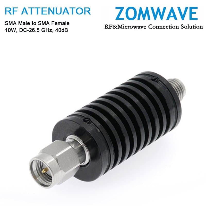 40dB Fixed Attenuator, SMA Male to SMA Female, 10Watts, DC-26.5GHz, VSWR<1.35 40dB Fixed Attenuator, SMA Male to SMA Female, 10Watts, DC-26.5GHz, VSWR