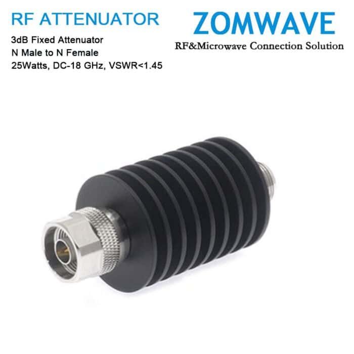 3dB Fixed Attenuator, N Male to N Female, 25Watts, DC-18 GHz, VSWR