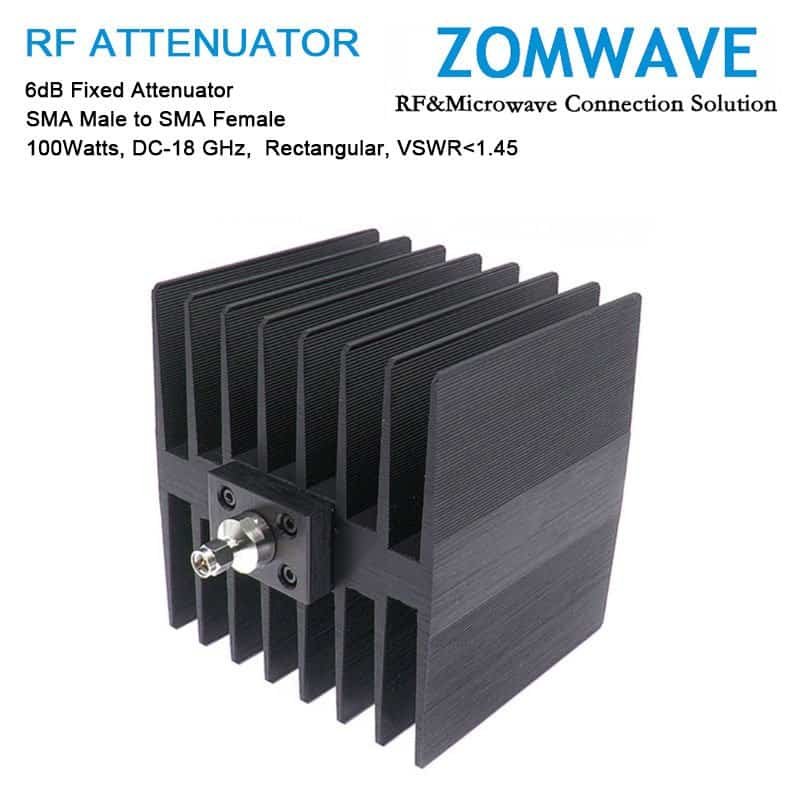 6dB Fixed Attenuator, SMA Male to SMA Female, 100Watts, DC-18 GHz, Rectangular, VSWR<1.45 6dB Fixed Attenuator, SMA Male to SMA Female, 100Watts, DC-18 GHz, Rectangular, VSWR