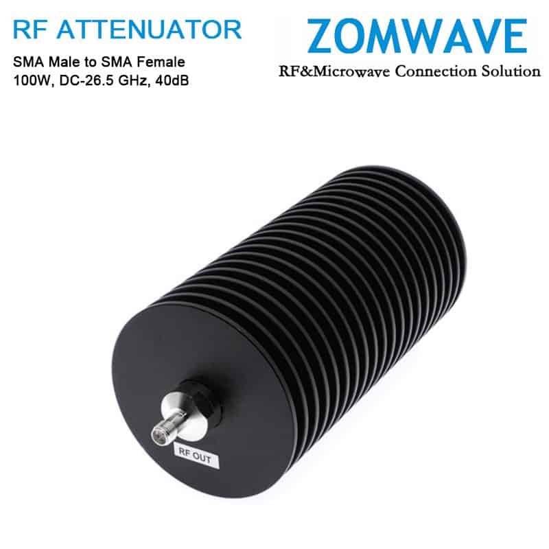 40dB Fixed Attenuator, SMA Male to SMA Female, 100Watts, DC-26.5GHz, VSWR<1.45 40dB Fixed Attenuator, SMA Male to SMA Female, 100Watts, DC-26.5GHz, VSWR