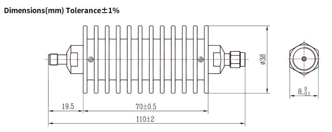 50dB Fixed Attenuator, SMA Male to SMA Female, 50Watts, DC-18 GHz, VSWR
