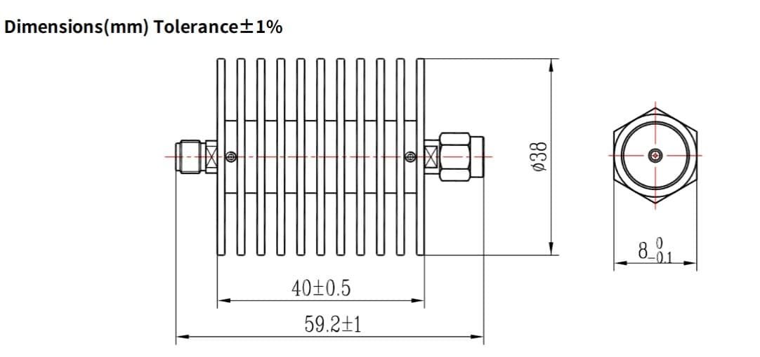40dB Fixed Attenuator, SMA Male to SMA Female, 30Watts, DC-18 GHz, VSWR