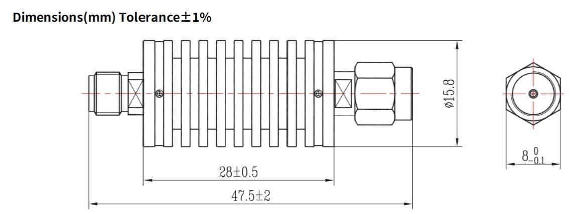 40dB Fixed Attenuator, SMA Male to SMA Female, 10Watts, DC-26.5GHz, VSWR
