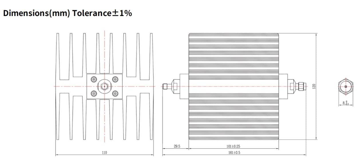 6dB Fixed Attenuator, SMA Male to SMA Female, 100Watts, DC-18 GHz, Rectangular, VSWR