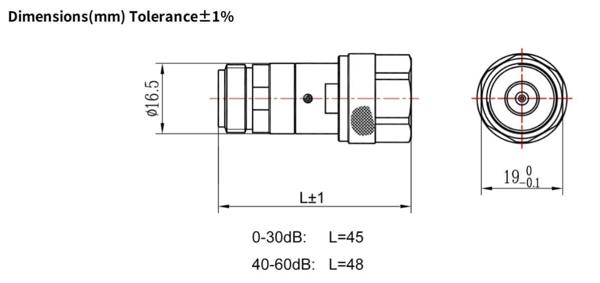 6dB Fixed Attenuator, N Male to N Female, 2Watts, DC-18 GHz, Round, VSWR