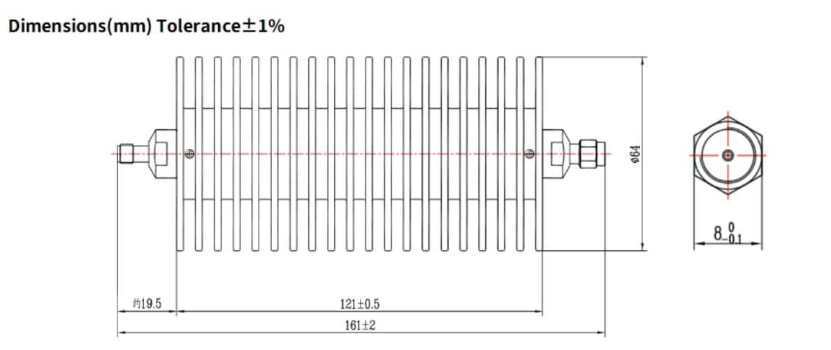 40dB Fixed Attenuator, SMA Male to SMA Female, 100Watts, DC-26.5GHz, VSWR