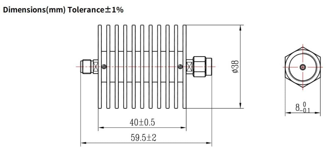40dB Fixed Attenuator, SMA Male to SMA Female, 25Watts, DC-18 GHz, VSWR