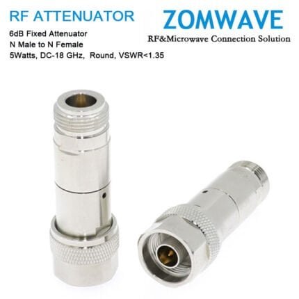 6dB Fixed Attenuator, N Male to N Female,5Watts, DC-18 GHz, Round, VSWR