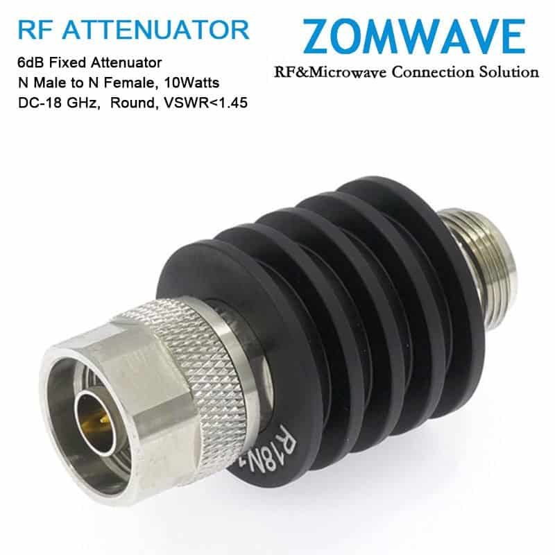 6dB Fixed Attenuator, N Male to N Female, 10Watts, DC-18 GHz, Round, VSWR<1.45 6dB Fixed Attenuator, N Male to N Female, 10Watts, DC-18 GHz, Round, VSWR