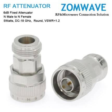 6dB Fixed Attenuator, N Male to N Female, 5Watts, DC-18 GHz, Round, VSWR